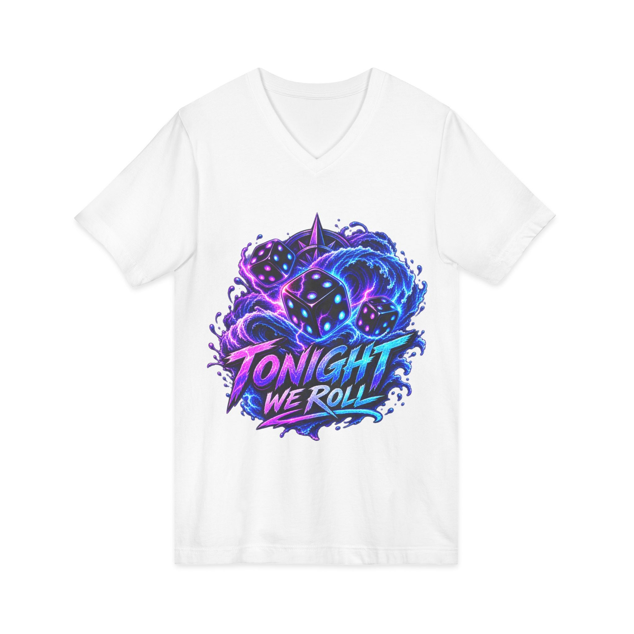 Tonight We Roll V-Neck Tee — Neon Dice Graphic Shirt for Gamers & DnD Players