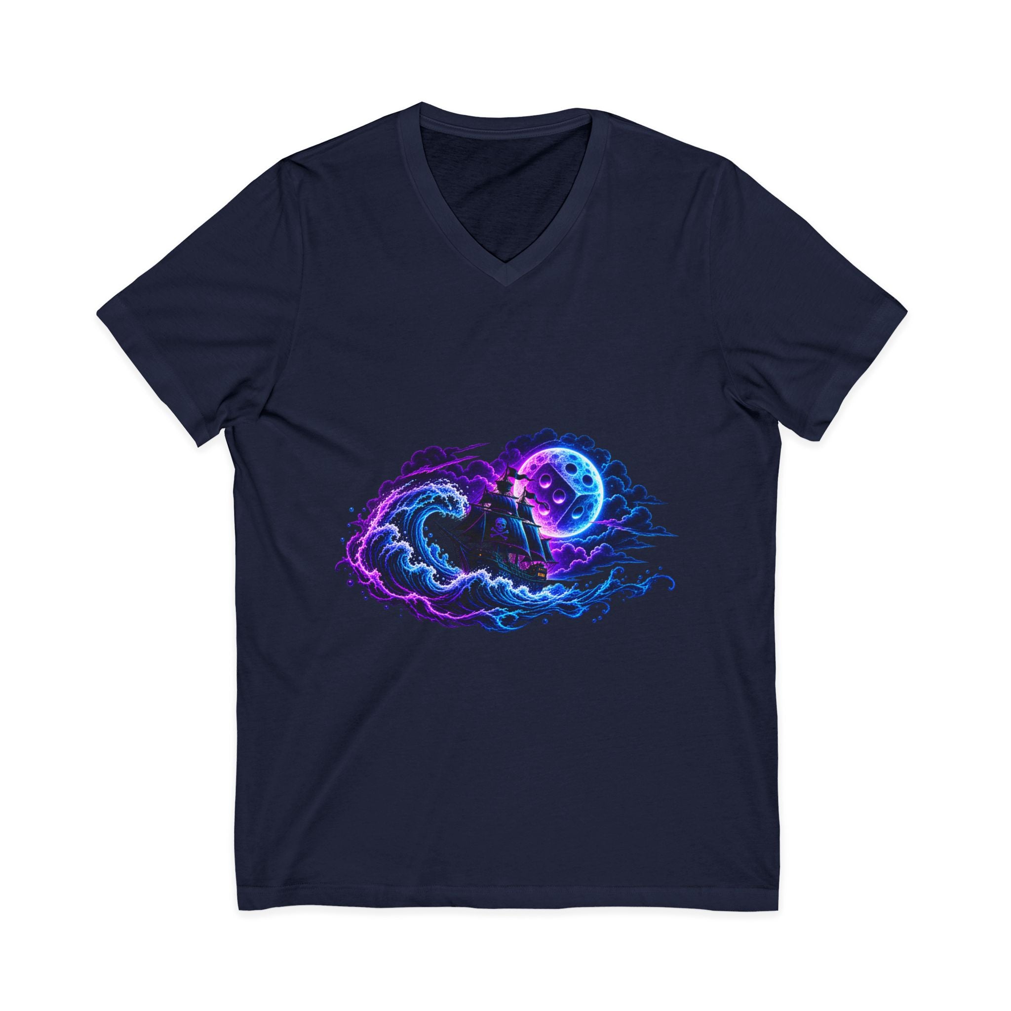 Vampire Night Surf V-Neck Tee — Neon Gothic Moon Graphic