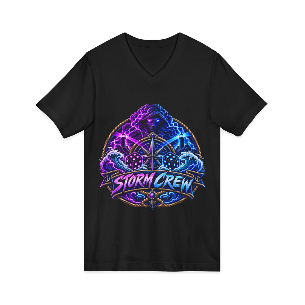 Storm Crew V-Neck Tee — Neon Lightning Graphic Shirt for Gamers & Weather Fans