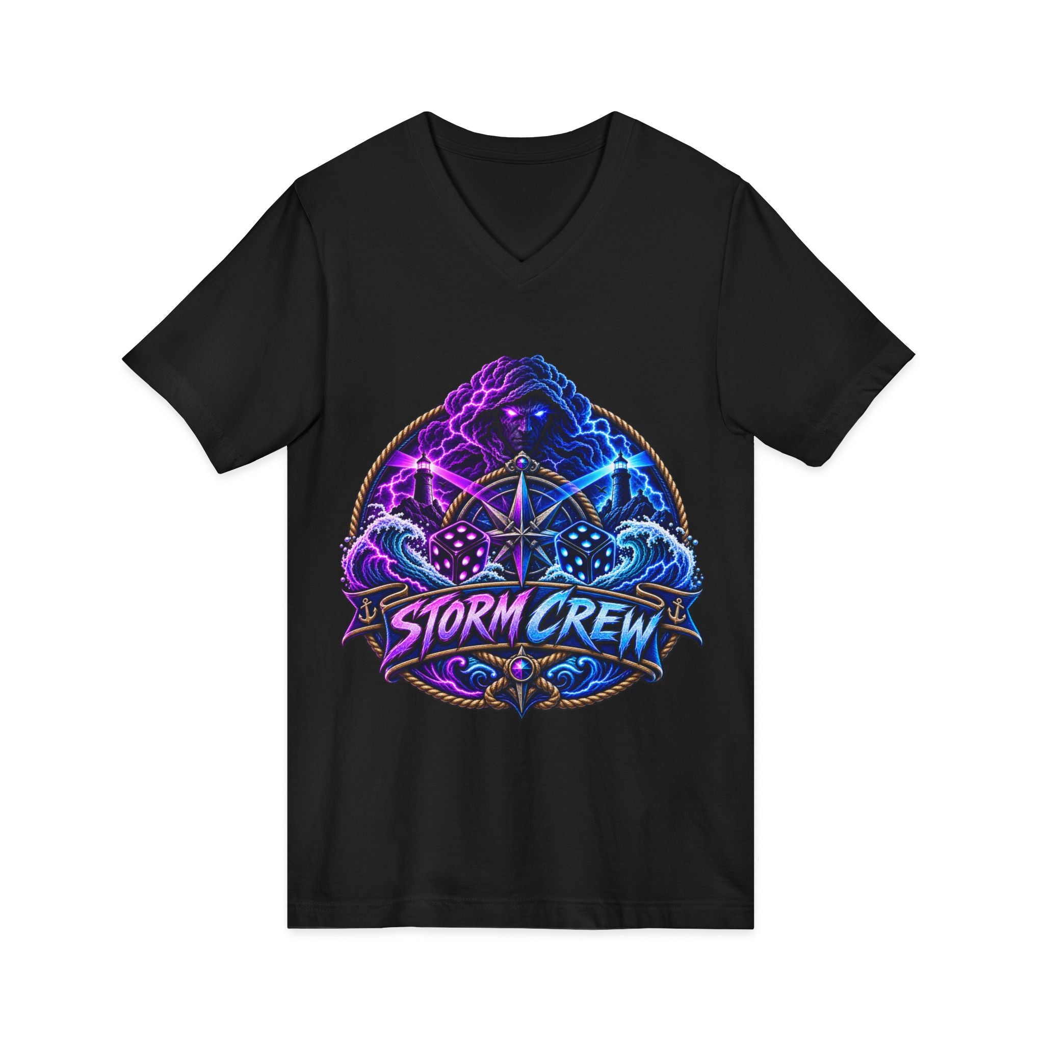 Storm Crew V-Neck Tee — Neon Lightning Graphic Shirt for Gamers & Weather Fans