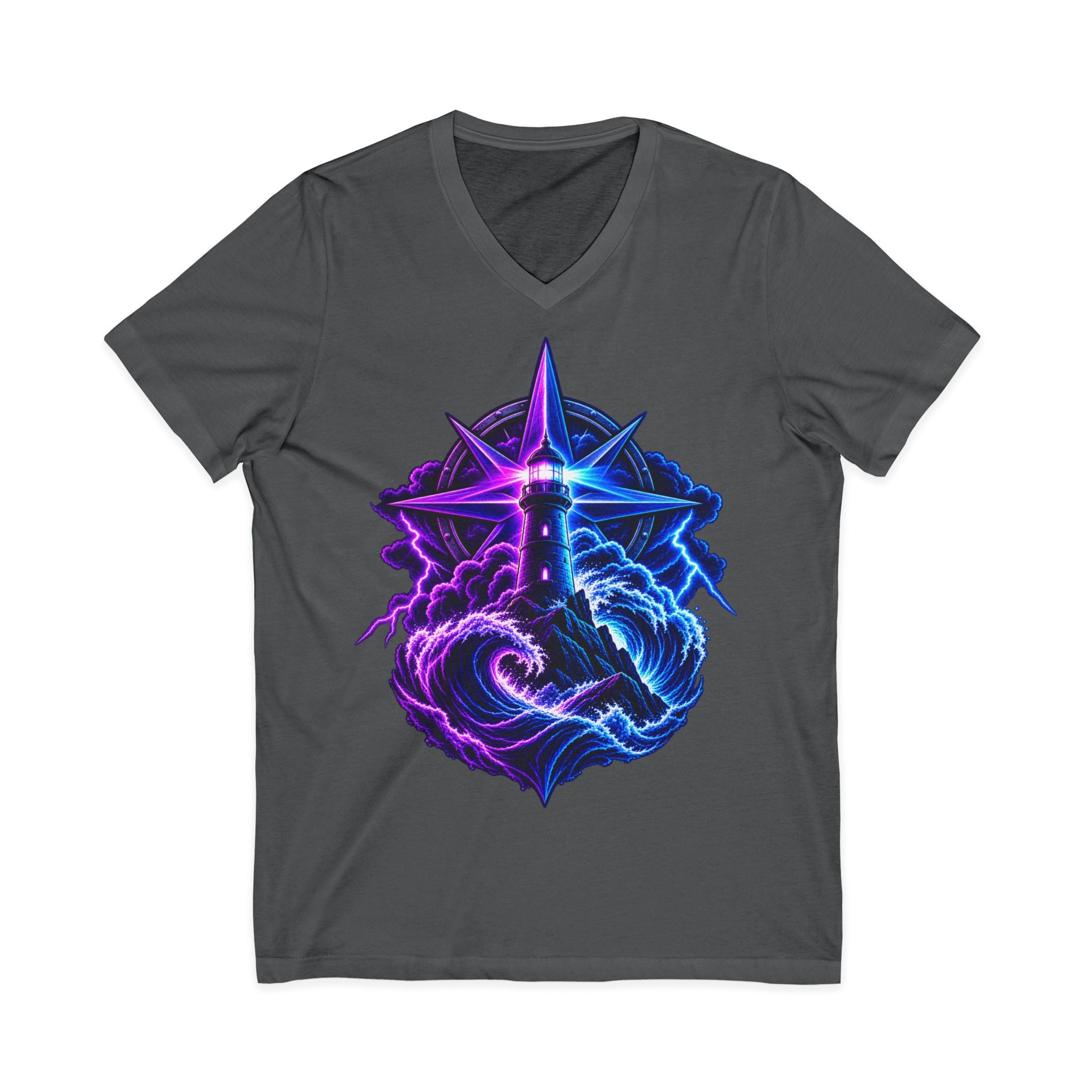 Lighthouse Starwave V‑Neck Tee — Neon Nautical Lighthouse Graphic