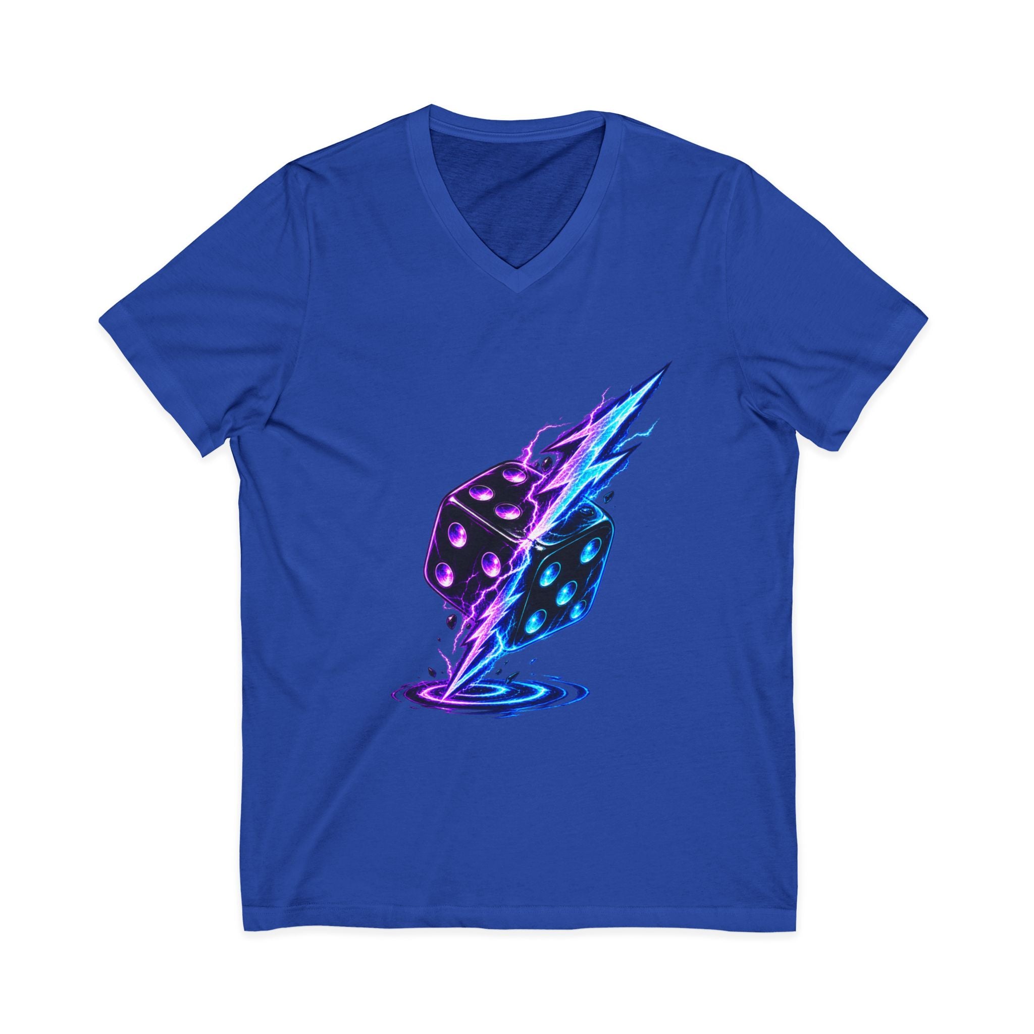 Lightning Dice V‑Neck Tee — Neon Gaming Dice Graphic Shirt