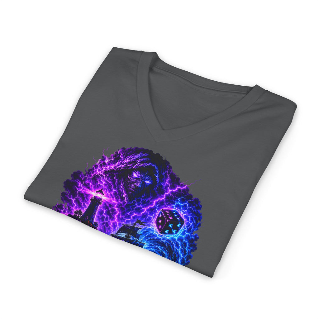 Ride the Storm V-Neck Tee — Neon Surfer Skull Graphic