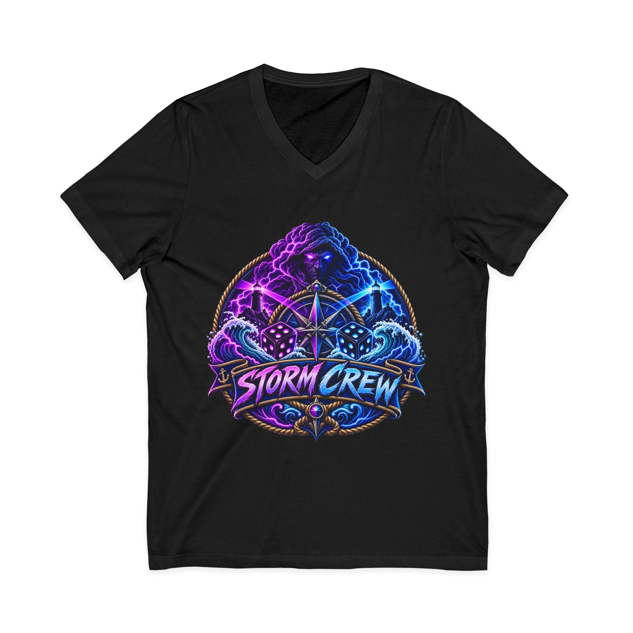 Storm Crew V-Neck Tee — Neon Lightning Graphic Shirt for Gamers & Weather Fans