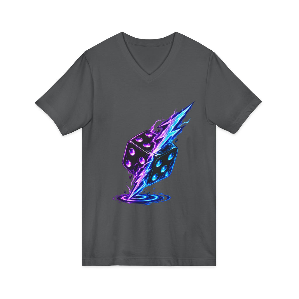Lightning Dice V‑Neck Tee — Neon Gaming Dice Graphic Shirt