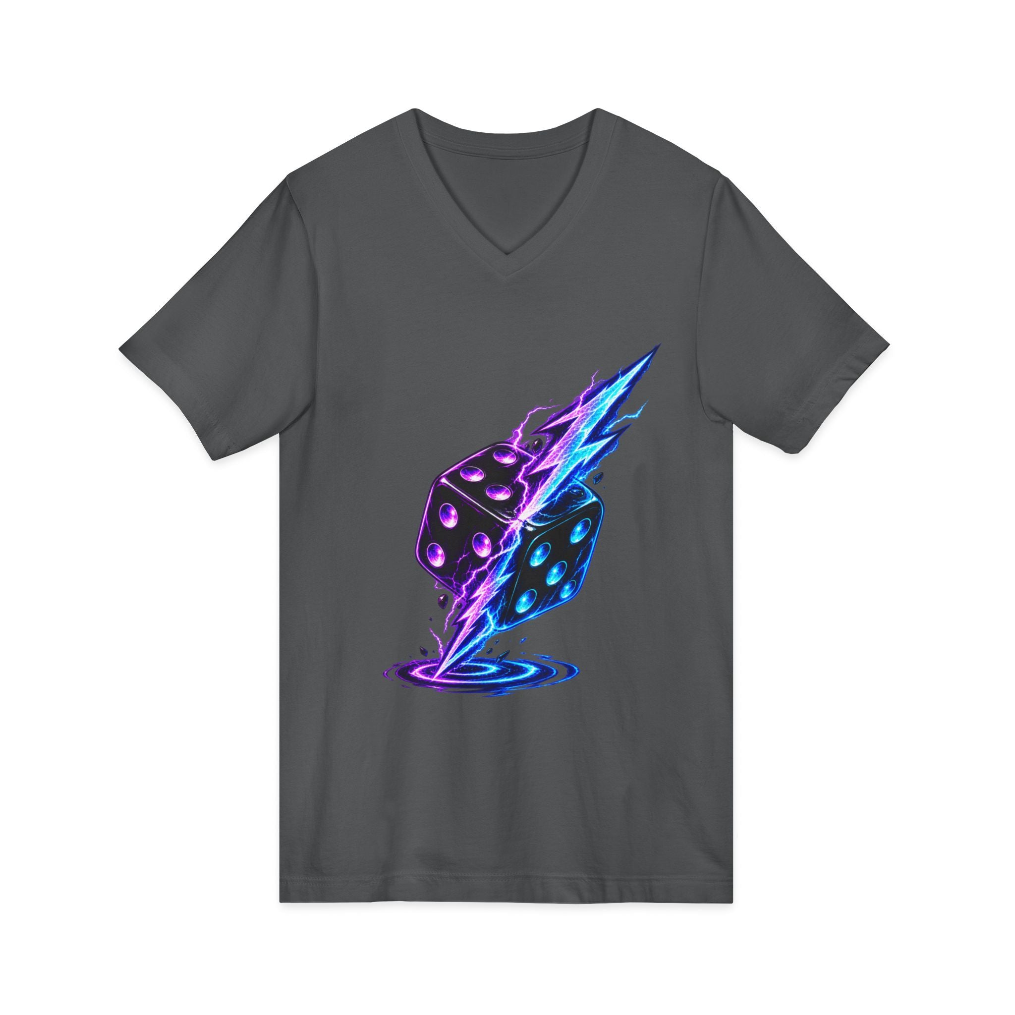 Lightning Dice V‑Neck Tee — Neon Gaming Dice Graphic Shirt