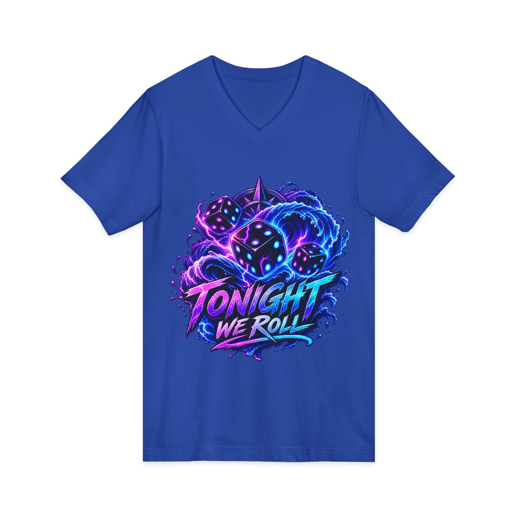 Tonight We Roll V-Neck Tee — Neon Dice Graphic Shirt for Gamers & DnD Players