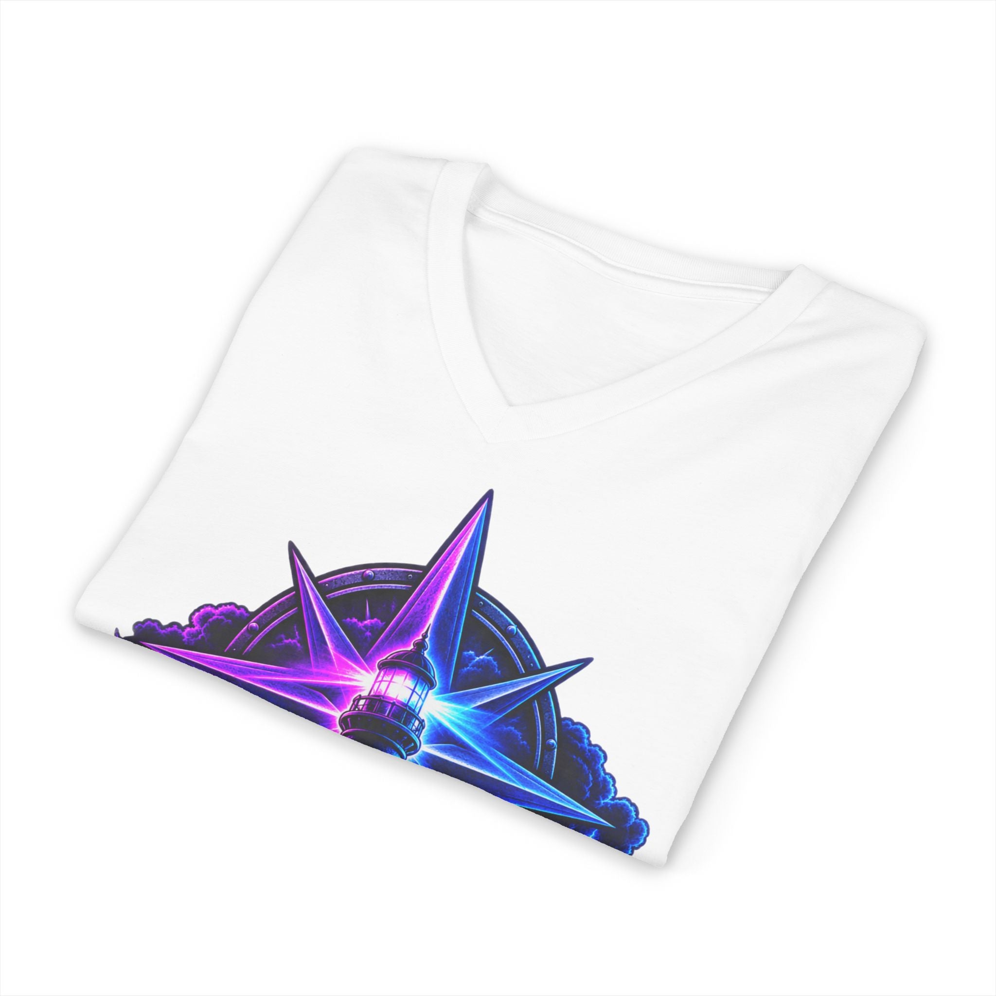 Lighthouse Starwave V‑Neck Tee — Neon Nautical Lighthouse Graphic