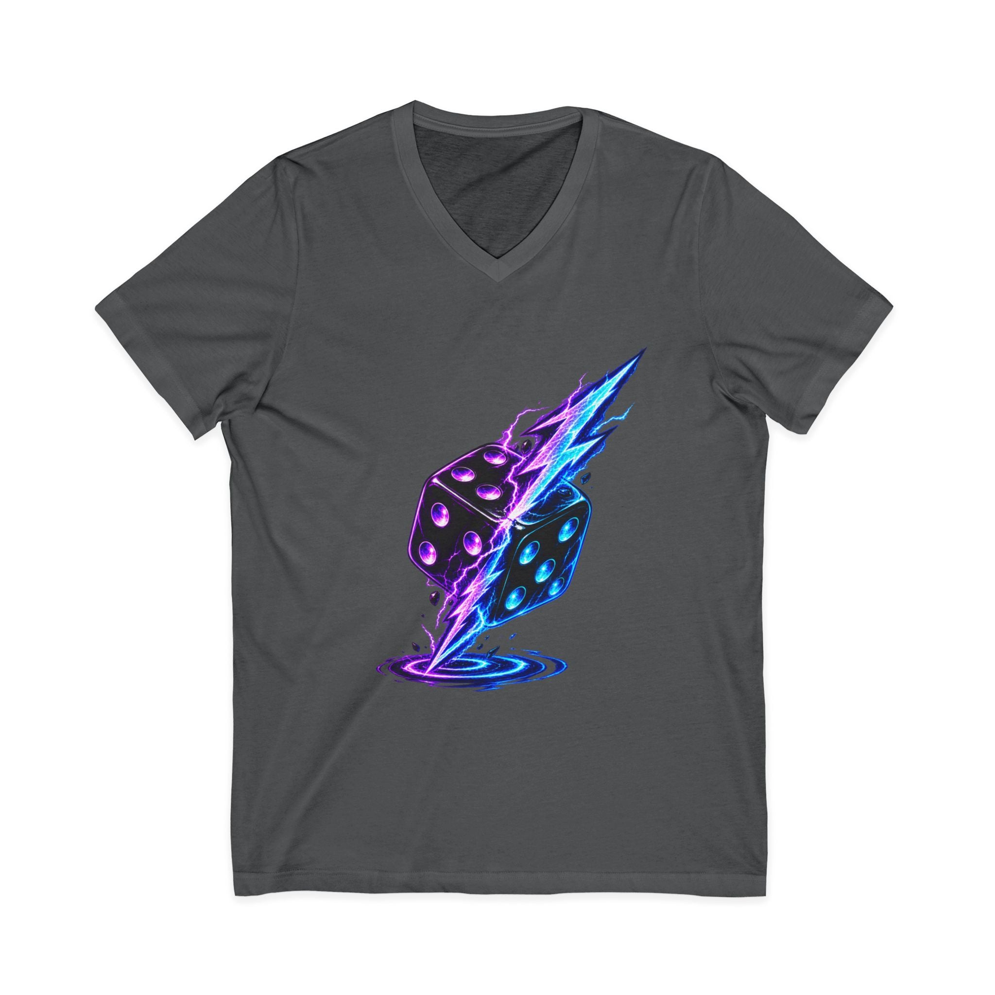 Lightning Dice V‑Neck Tee — Neon Gaming Dice Graphic Shirt