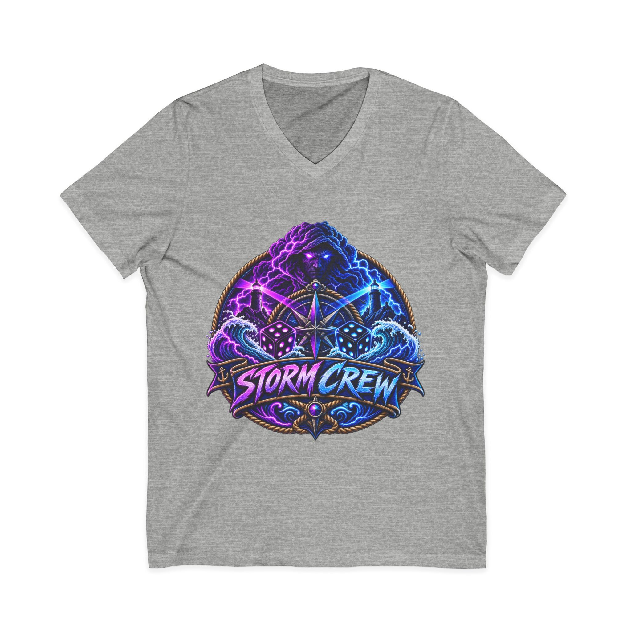 Storm Crew V-Neck Tee — Neon Lightning Graphic Shirt for Gamers & Weather Fans