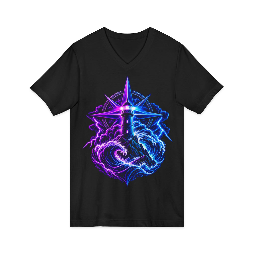 Lighthouse Starwave V‑Neck Tee — Neon Nautical Lighthouse Graphic