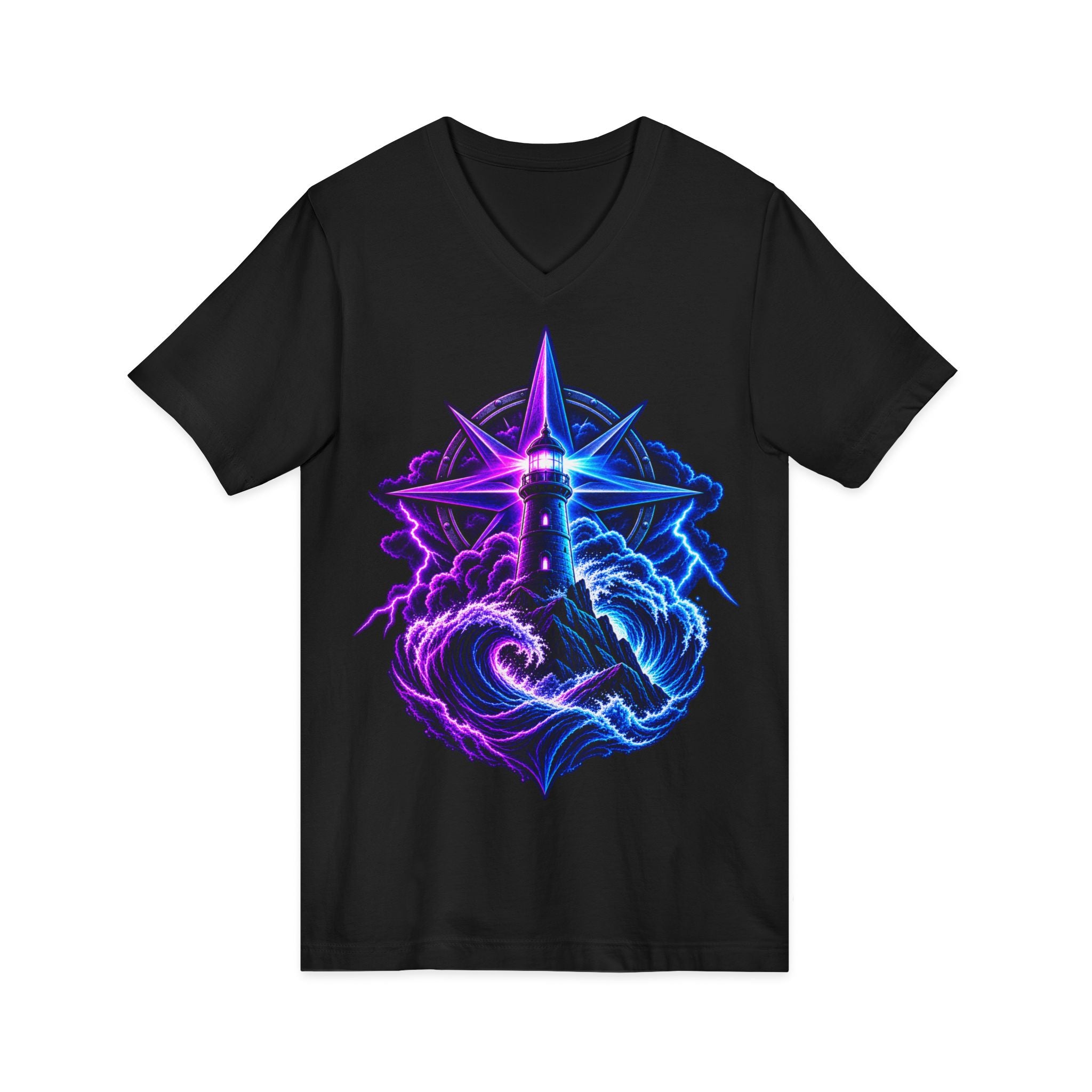 Lighthouse Starwave V‑Neck Tee — Neon Nautical Lighthouse Graphic