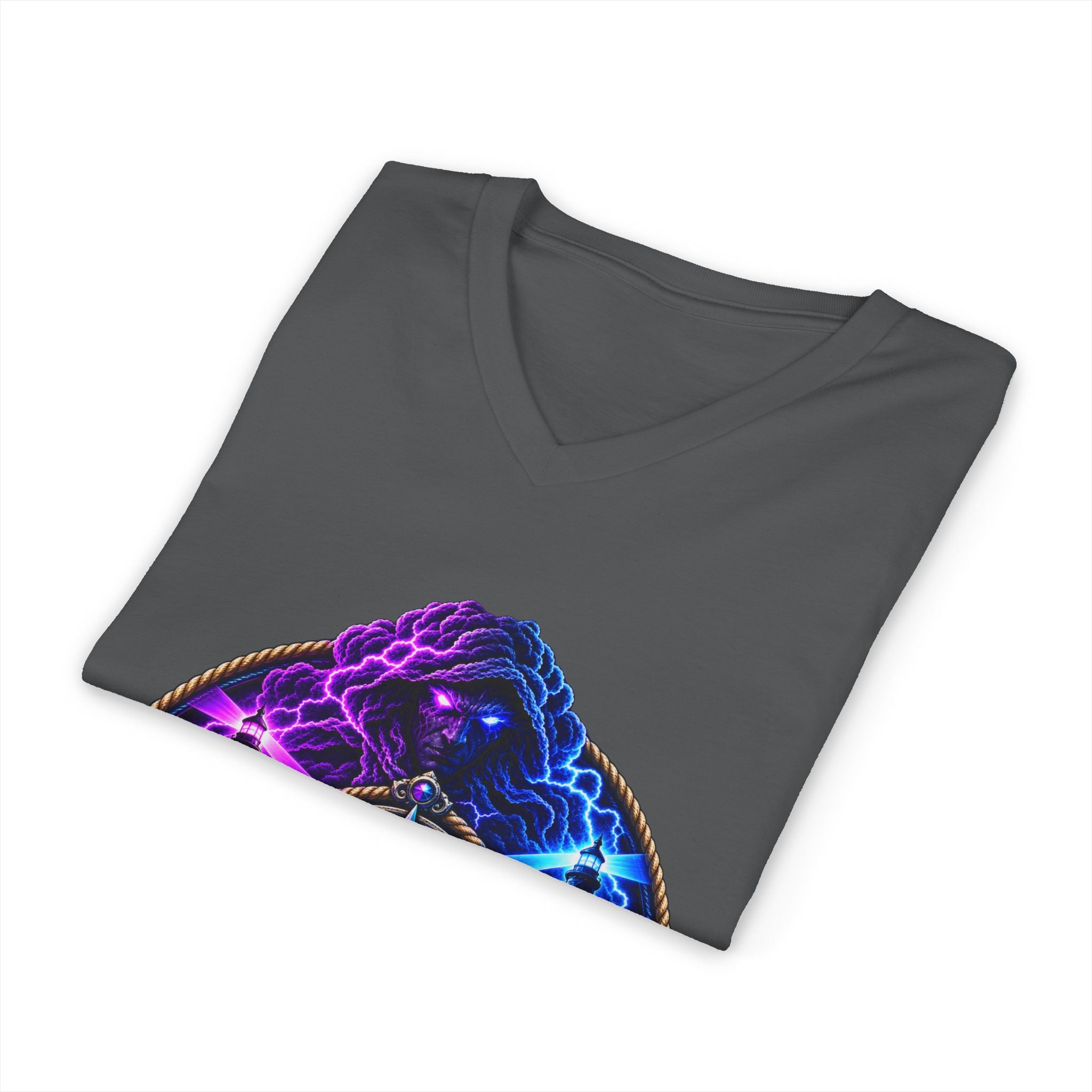 Storm Crew V-Neck Tee — Neon Lightning Graphic Shirt for Gamers & Weather Fans