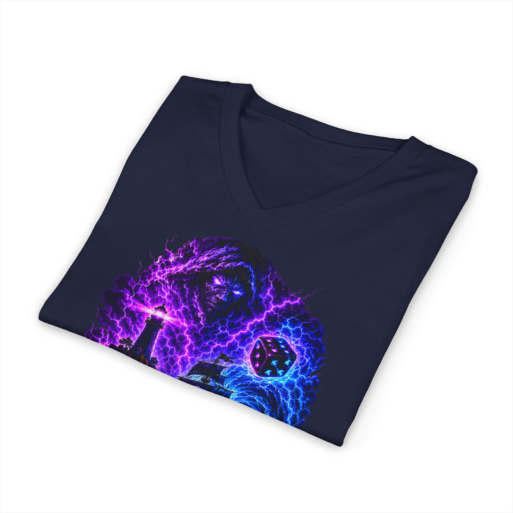 Ride the Storm V-Neck Tee — Neon Surfer Skull Graphic
