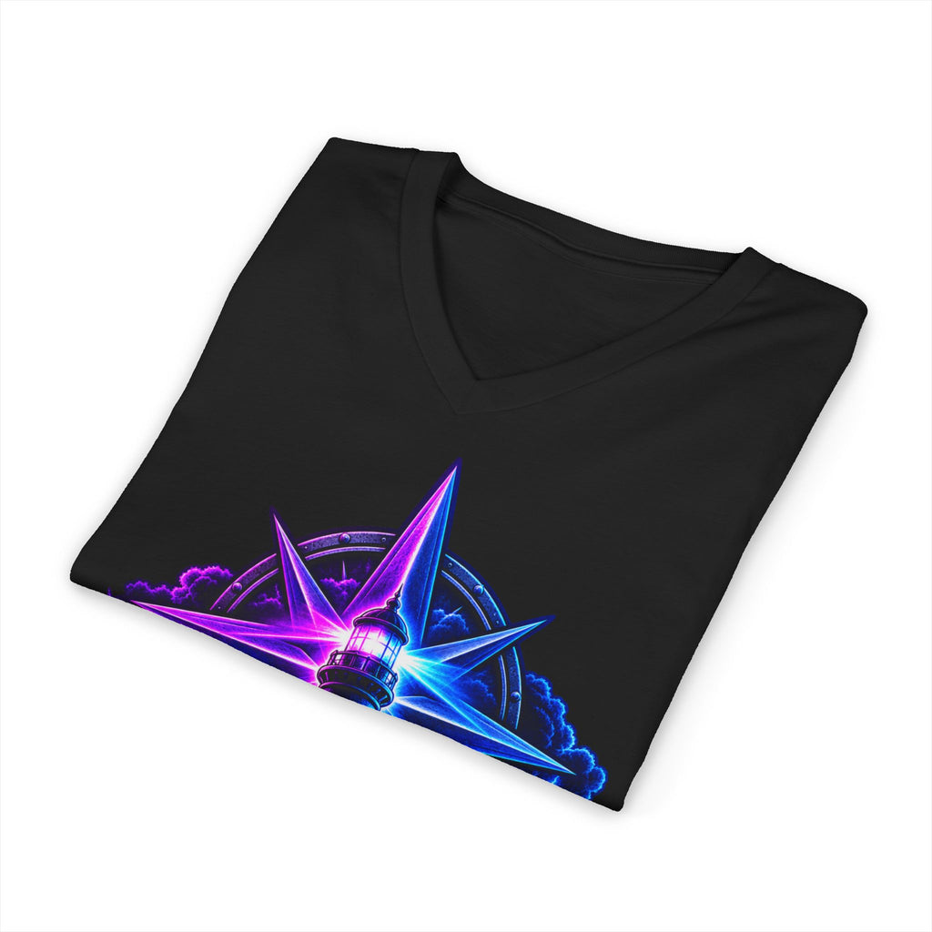Lighthouse Starwave V‑Neck Tee — Neon Nautical Lighthouse Graphic