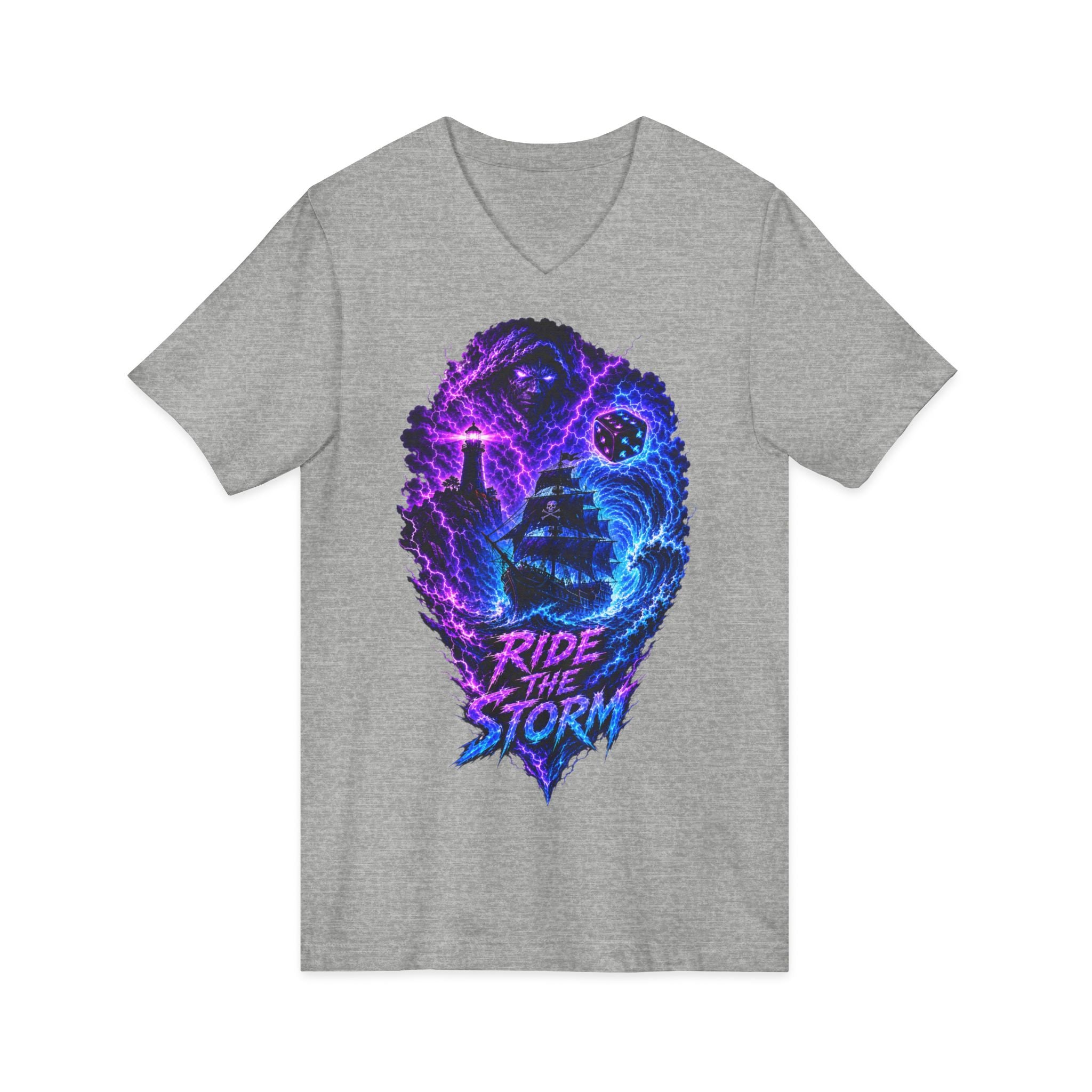 Ride the Storm V-Neck Tee — Neon Surfer Skull Graphic