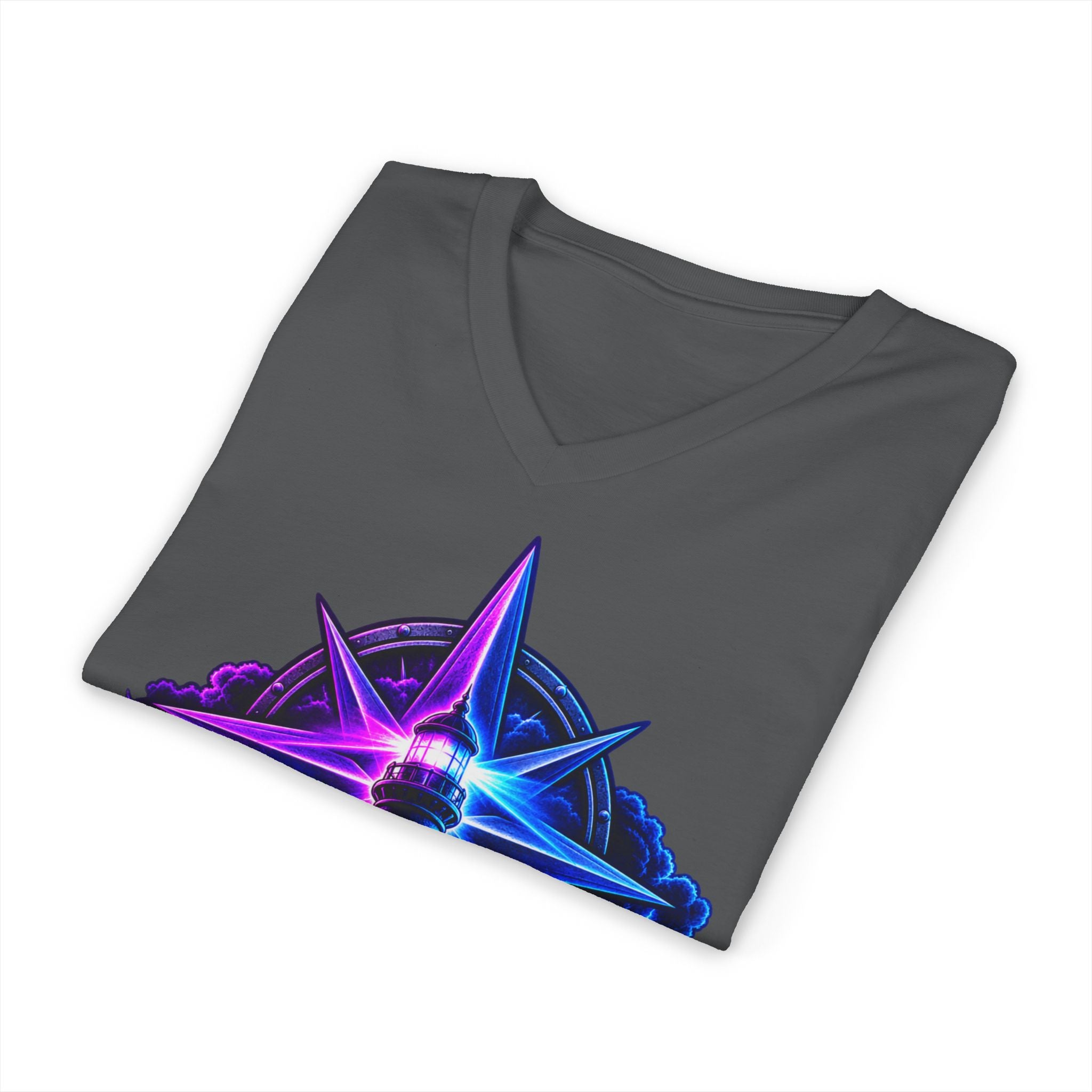 Lighthouse Starwave V‑Neck Tee — Neon Nautical Lighthouse Graphic