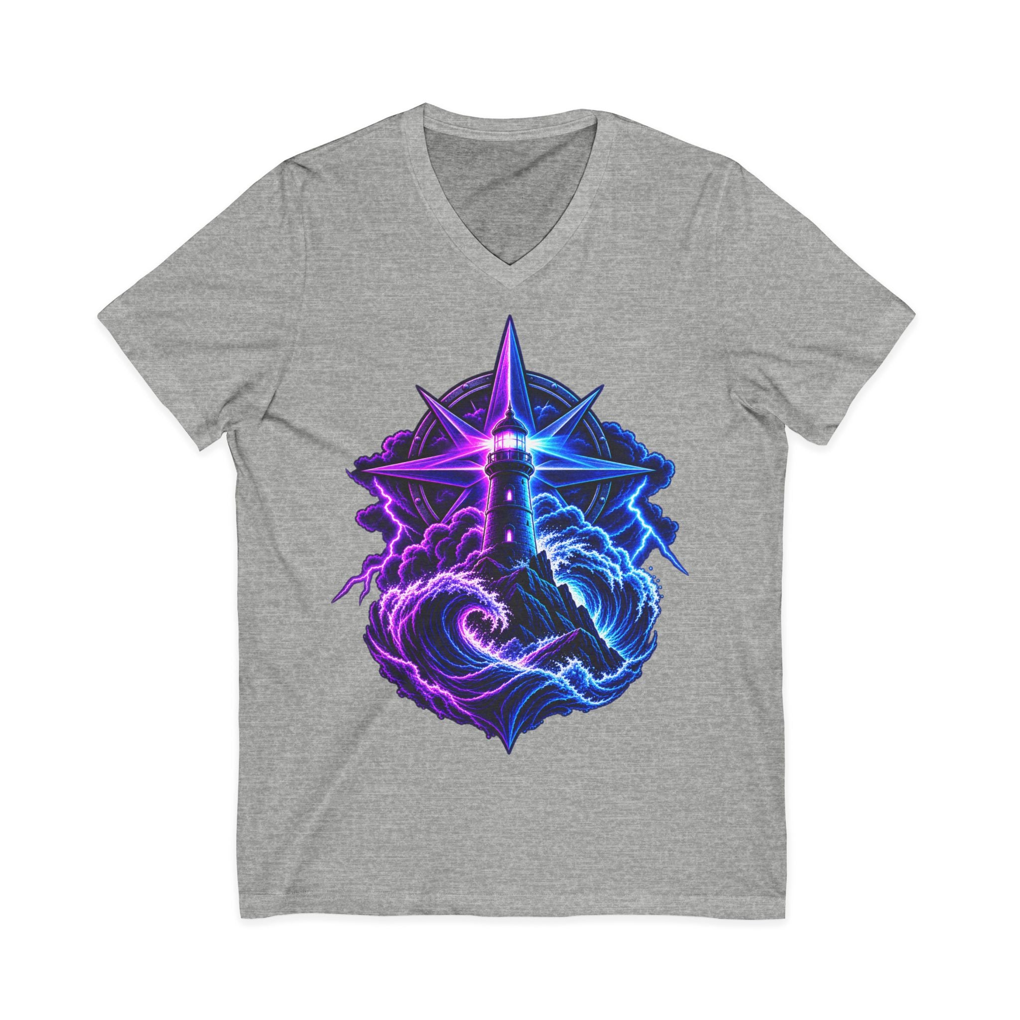 Lighthouse Starwave V‑Neck Tee — Neon Nautical Lighthouse Graphic