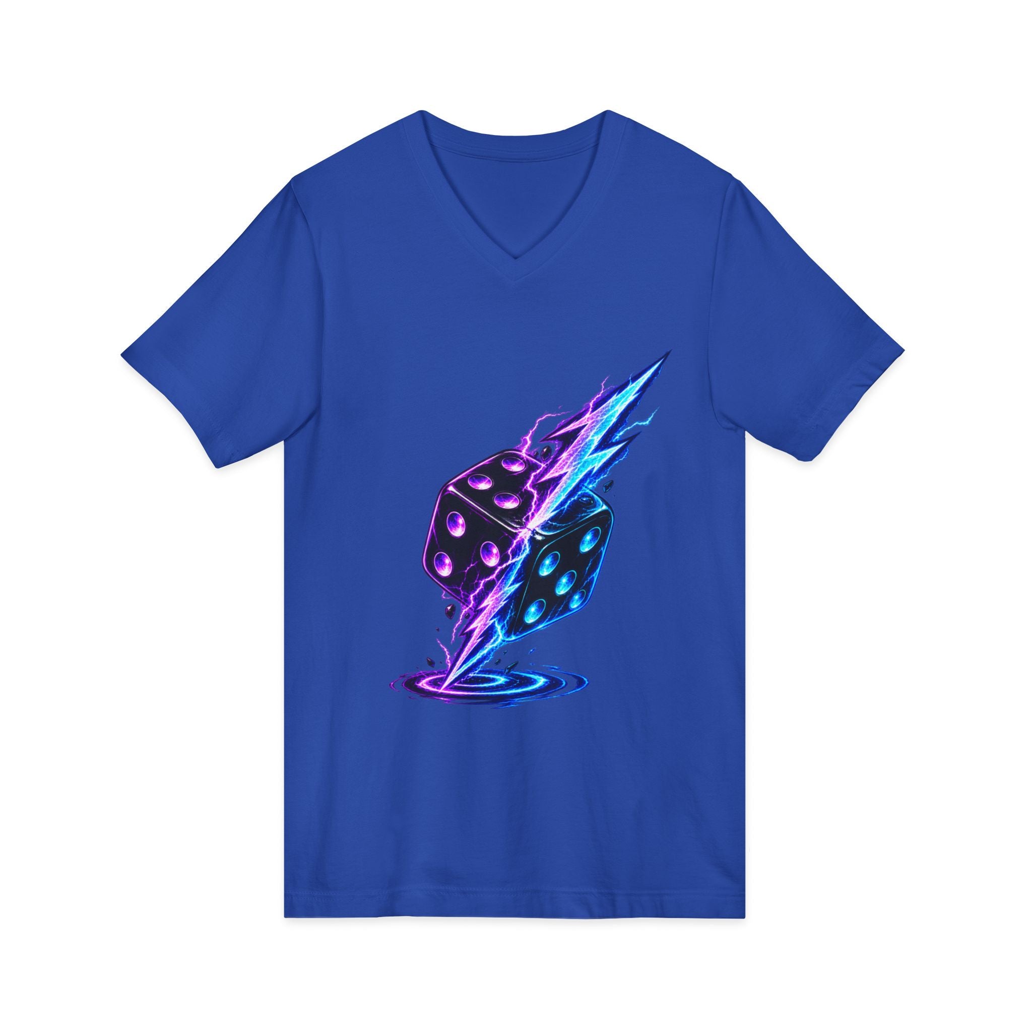 Lightning Dice V‑Neck Tee — Neon Gaming Dice Graphic Shirt