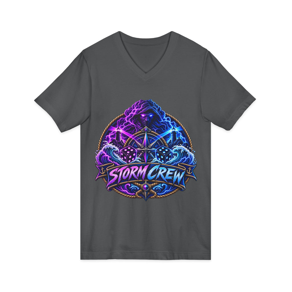 Storm Crew V-Neck Tee — Neon Lightning Graphic Shirt for Gamers & Weather Fans