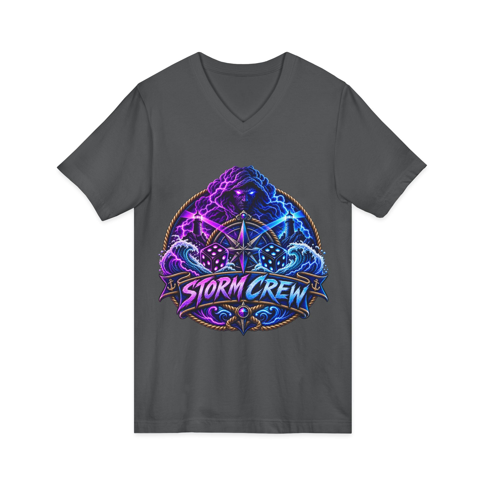 Storm Crew V-Neck Tee — Neon Lightning Graphic Shirt for Gamers & Weather Fans