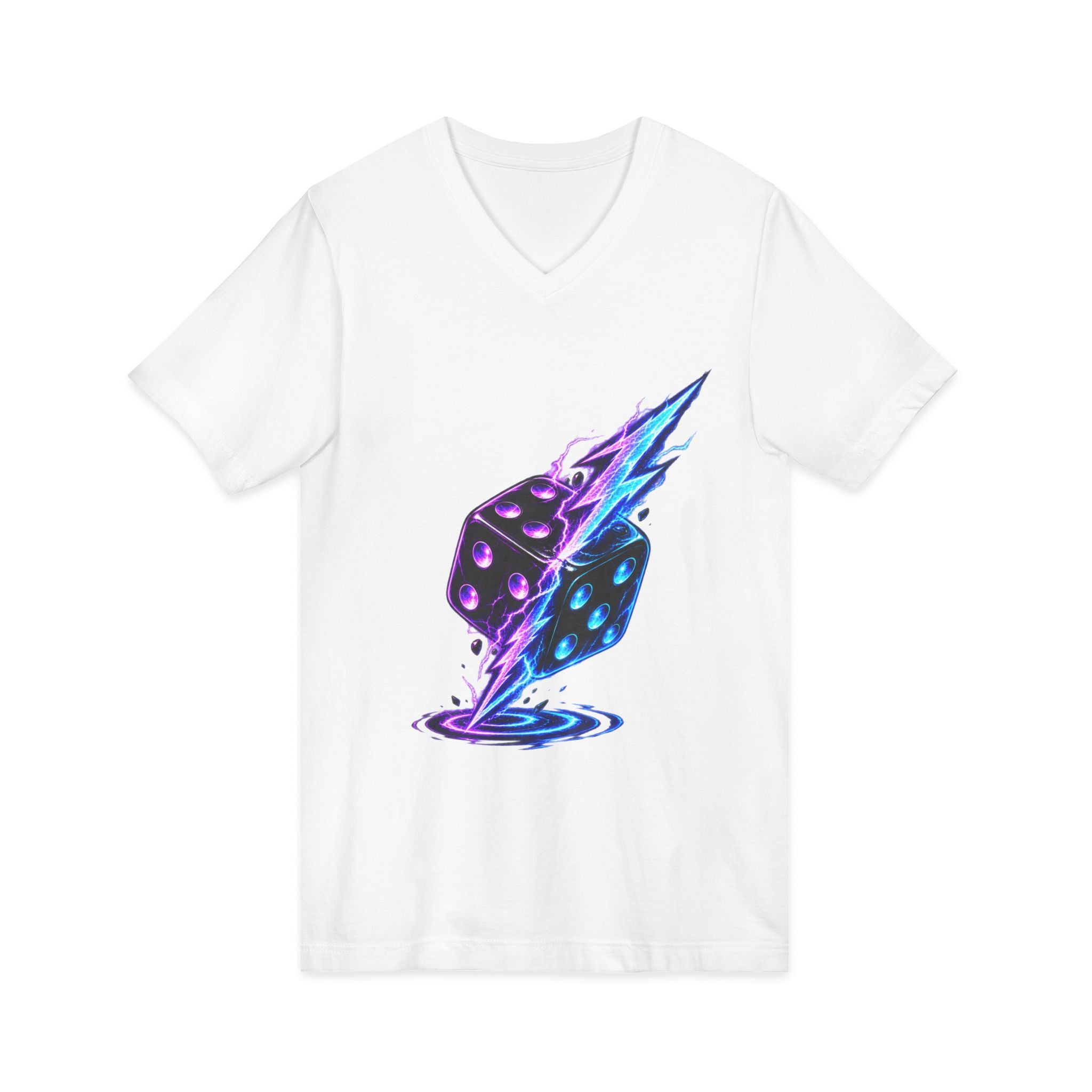 Lightning Dice V‑Neck Tee — Neon Gaming Dice Graphic Shirt