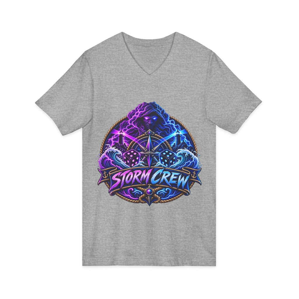 Storm Crew V-Neck Tee — Neon Lightning Graphic Shirt for Gamers & Weather Fans