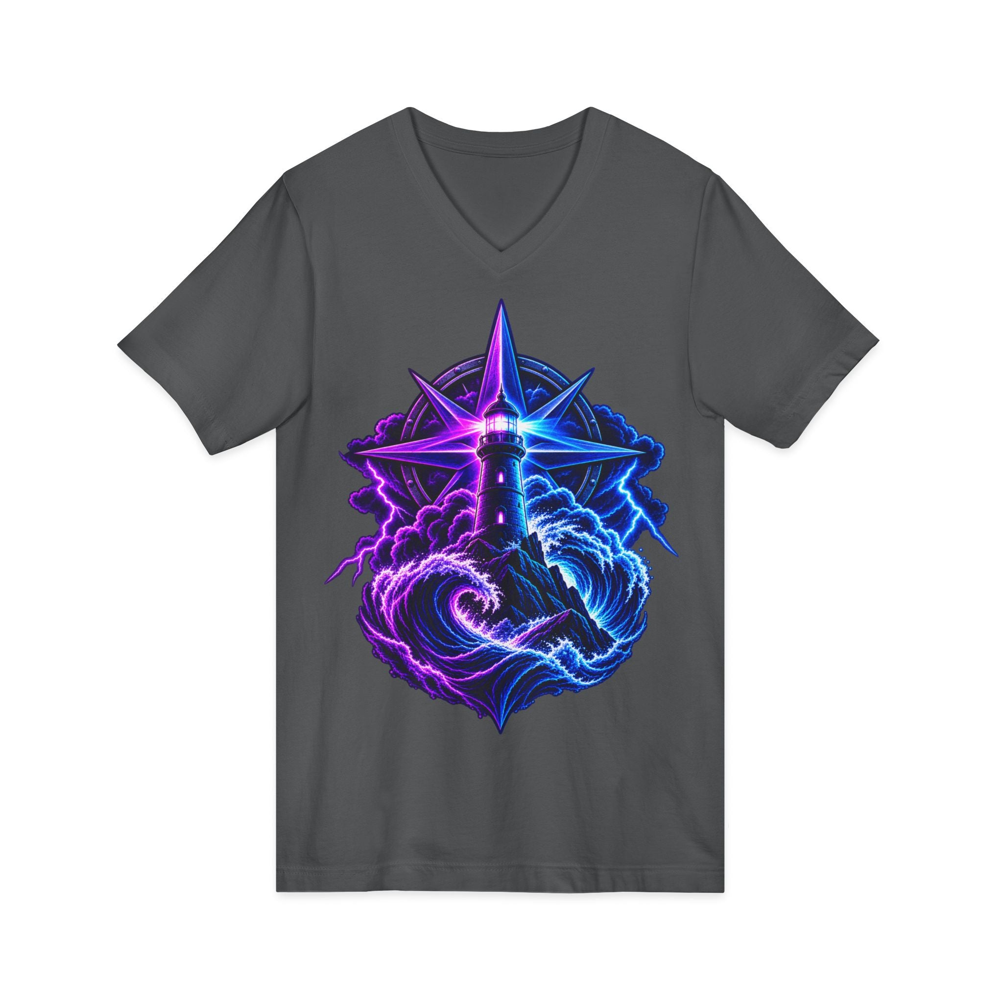 Lighthouse Starwave V‑Neck Tee — Neon Nautical Lighthouse Graphic
