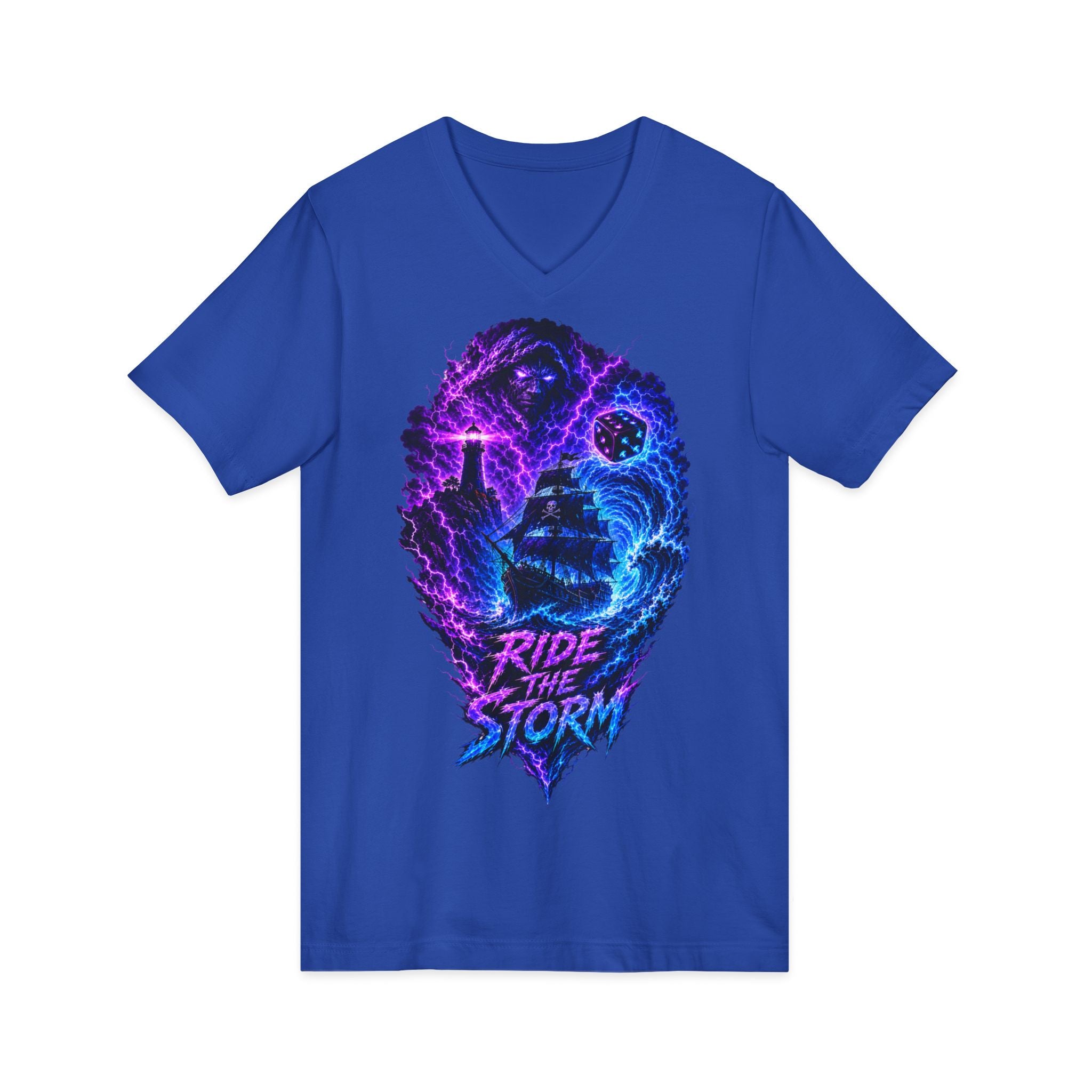 Ride the Storm V-Neck Tee — Neon Surfer Skull Graphic