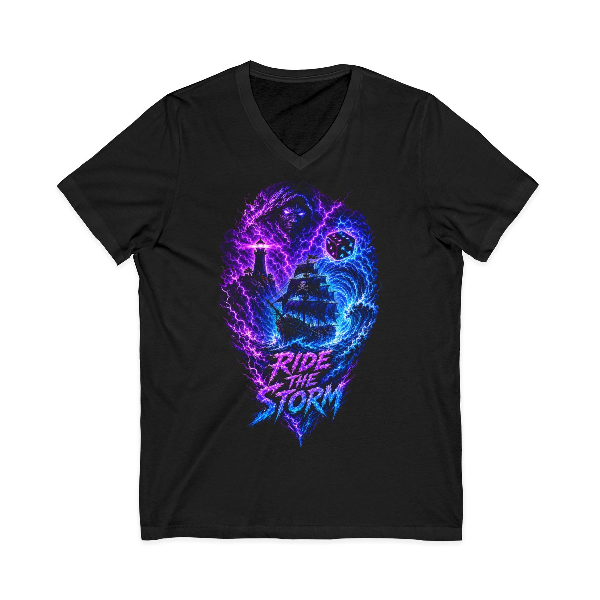 Ride the Storm V-Neck Tee — Neon Surfer Skull Graphic