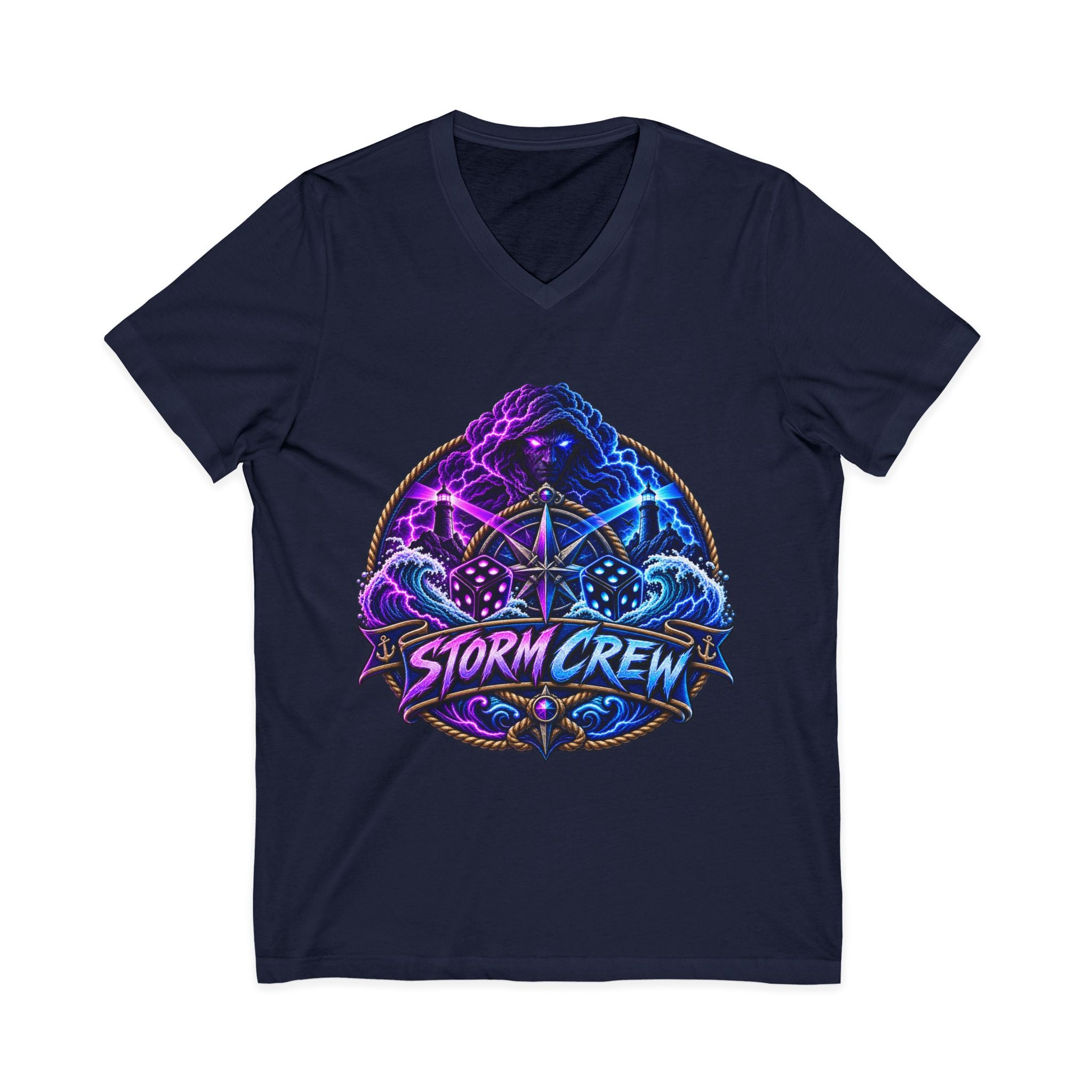Storm Crew V-Neck Tee — Neon Lightning Graphic Shirt for Gamers & Weather Fans