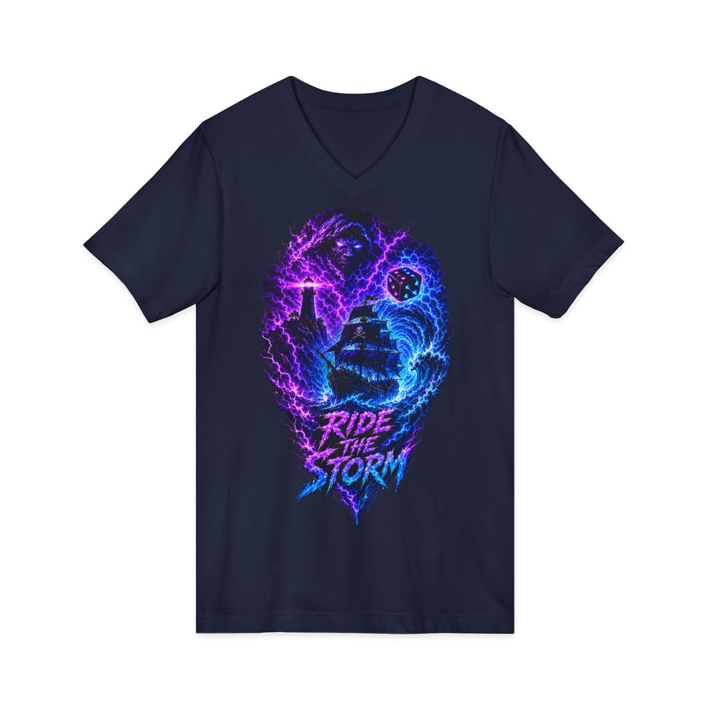 Ride the Storm V-Neck Tee — Neon Surfer Skull Graphic